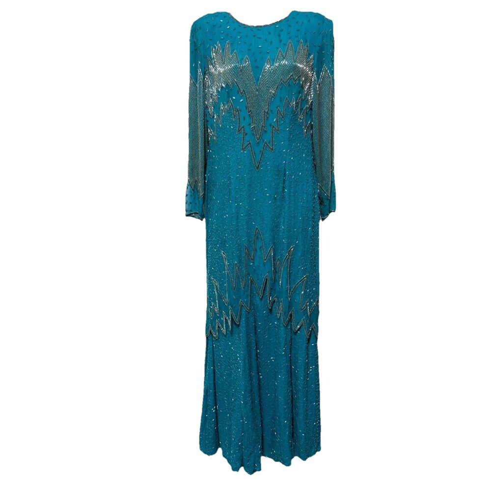 Vintage Creative Creations Silk Beaded Gown S Teal Silver Formal Evening Dress